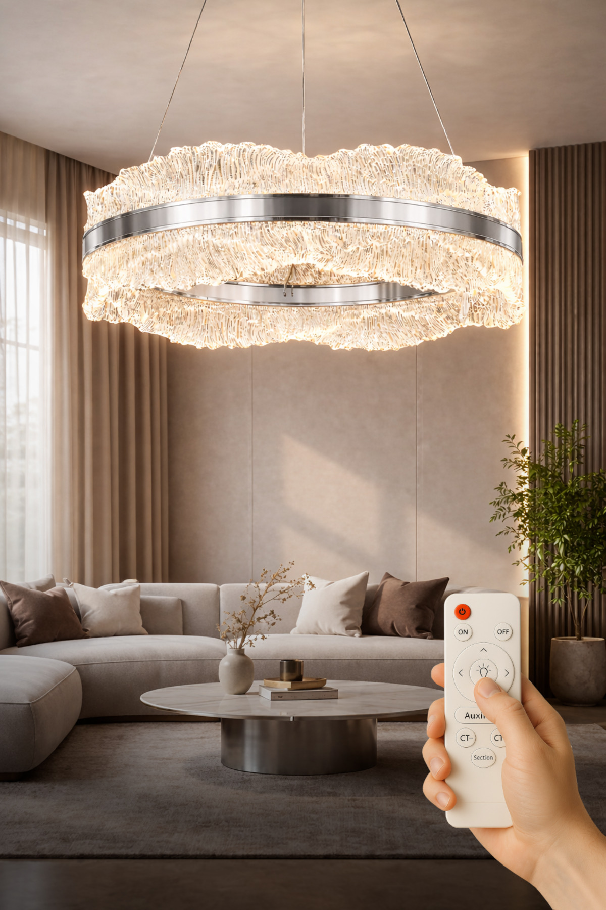 Okyanus Model 50'lik Krom 3 Renk Kumandalı Metal Salon Mutfak Oturma Yatak Odası Modern Led Avize