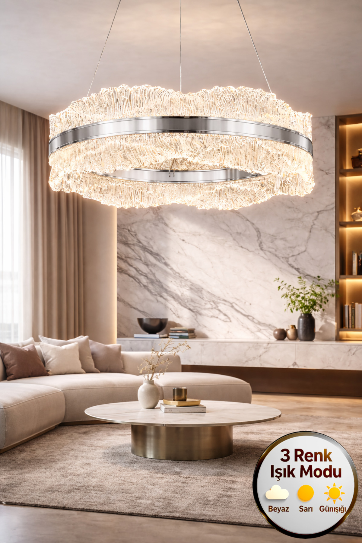 Okyanus Model 50'lik Krom 3 Renk Kumandalı Metal Salon Mutfak Oturma Yatak Odası Modern Led Avize - Görsel 2