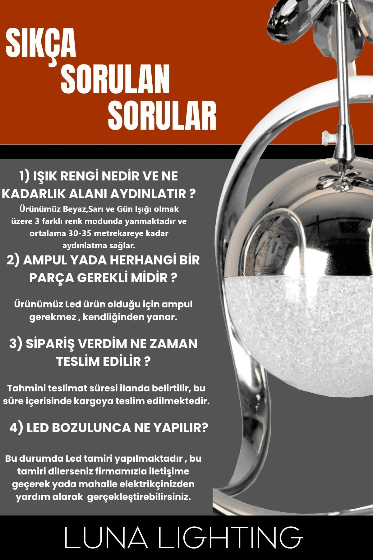 Luna Lighting Clasy Model Krom Kaplama 3 Renk Metal Salon Mutfak Oturma Yatak Odası Modern Led Sarkıt Avize - Görsel 5